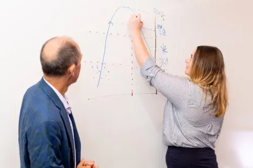 A student draws a graph on a whiteboard as a professor watches